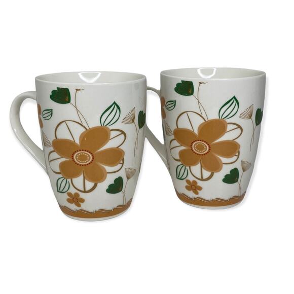 Retro Style Mugs Orange and Green Floral Design Set of 2 - Picture 6 of 6